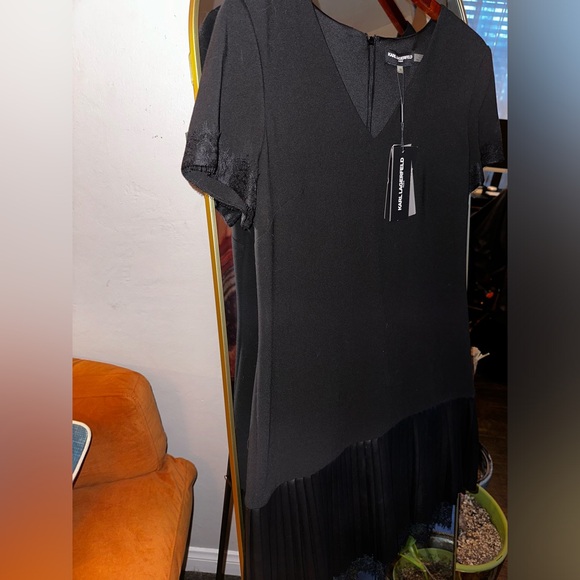 Karl Lagerfeld Flapper Style, Black Lace & Faux Leather Trim Dress SZ 10 NWT - Picture 12 of 15